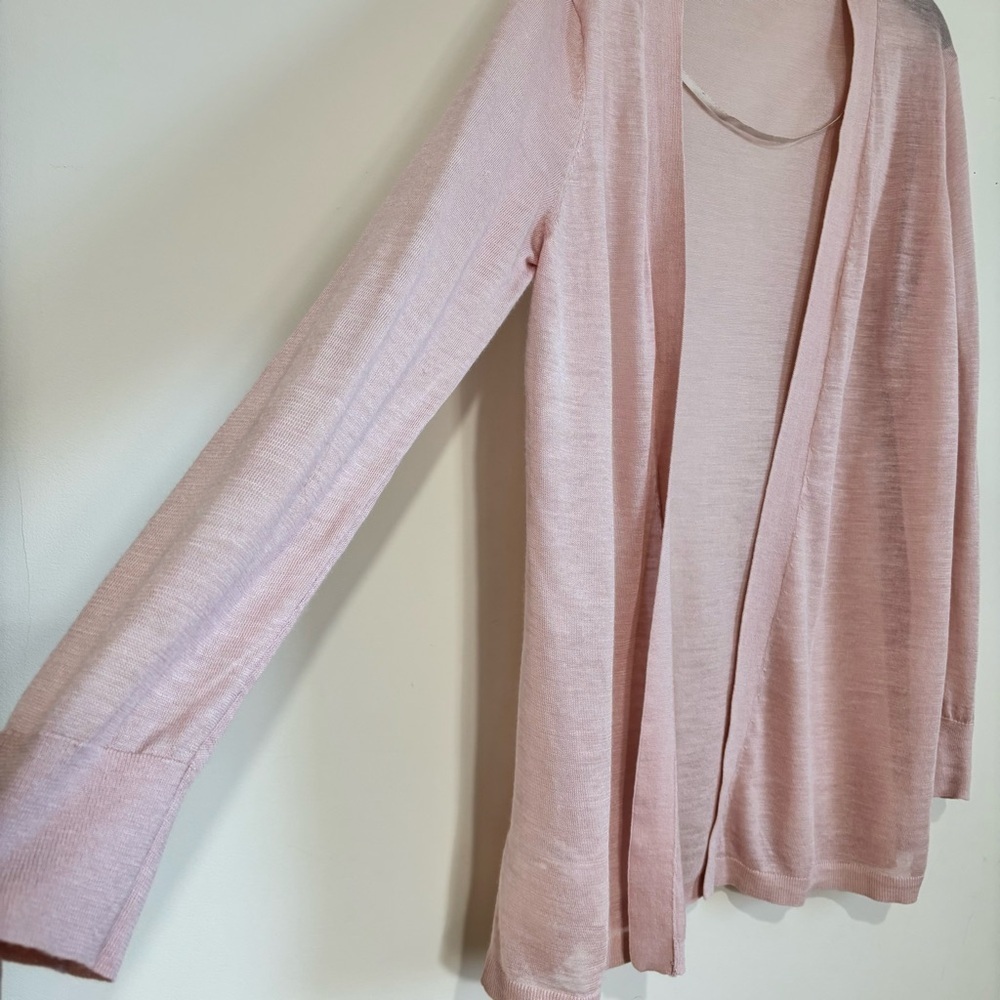 Loft pale pink linen rayon sheer open front long sleeve slouchy sweater cardigan - Picture 3 of 16